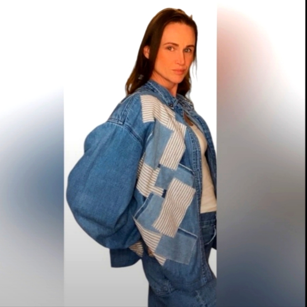 Upcycled Design - Denim Patchwork Button Front Ja… - image 6